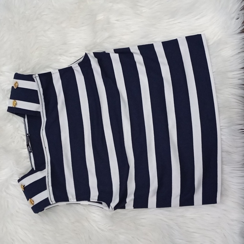 Zara Navy/White Striped Gild Buttoned Shoulder Top Size S.